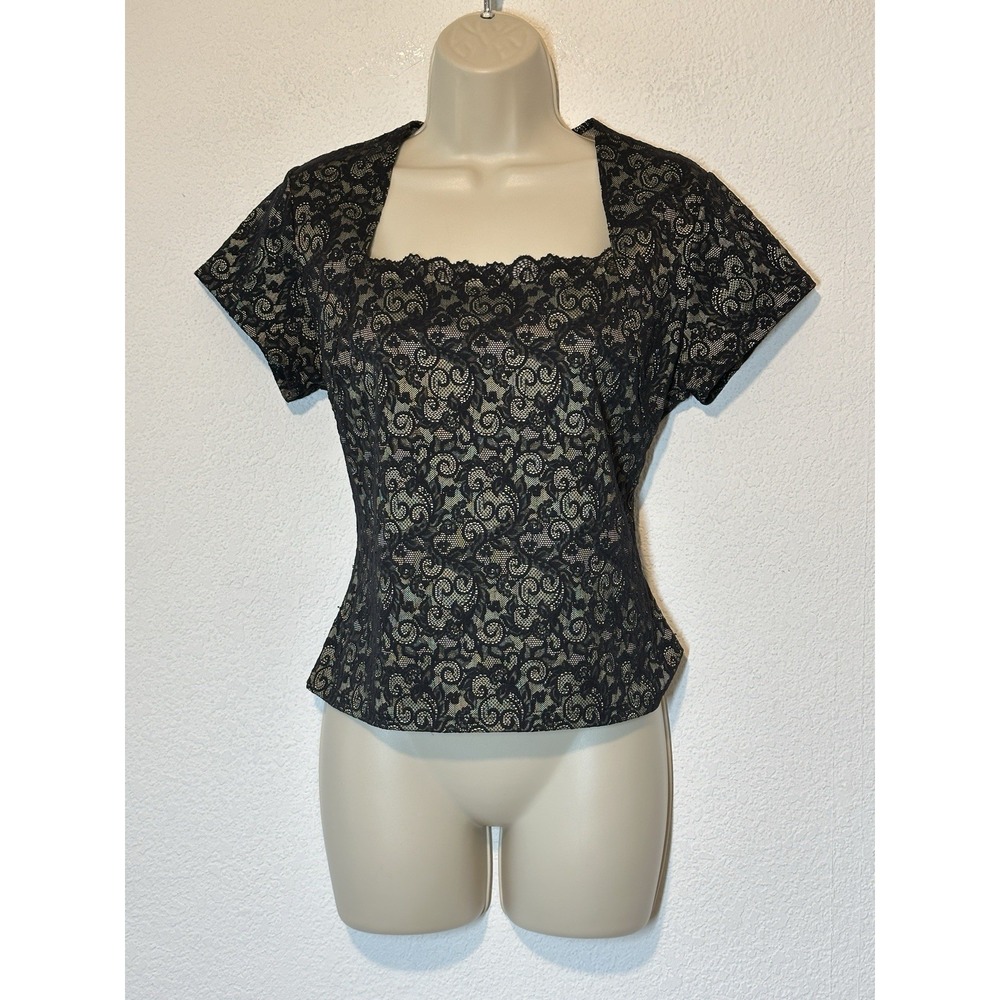 Vintage Top Womens L Black Lace Square Neck Whimsigoth Goth Grunge Event Witchy